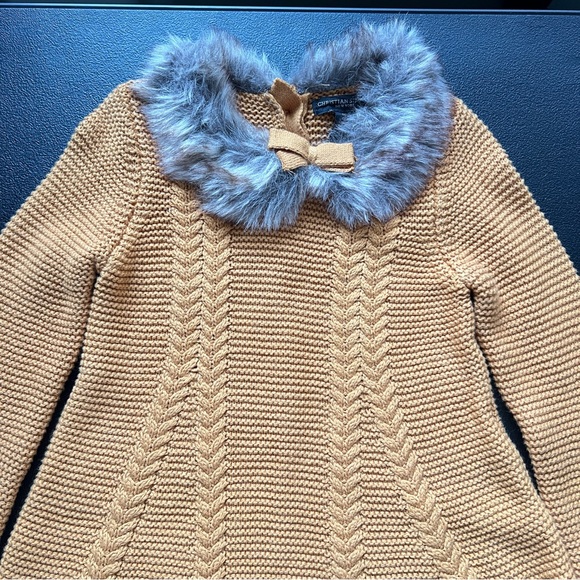 Christian Siriano Mustard Knit Long Sleeve Dress Faux Fur Collar Size 24 Months - Picture 3 of 9